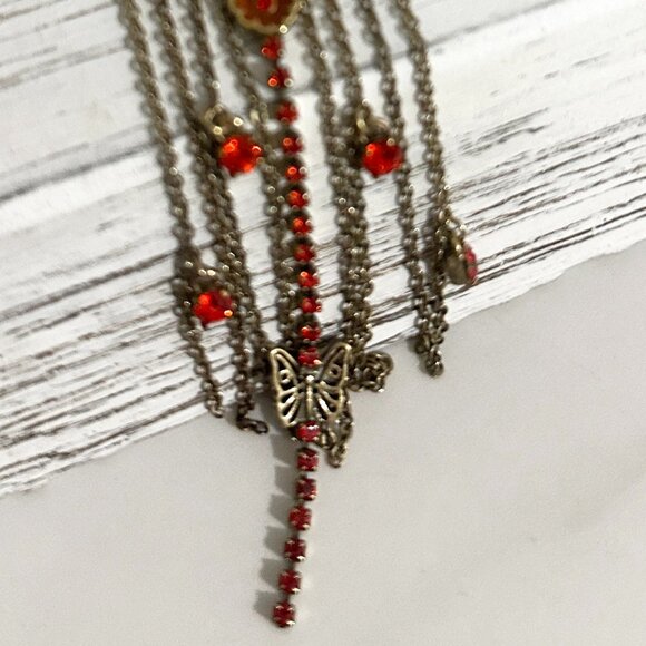 Vintage Gold Butterfly Necklace with Red/Orange Swarovski Crystals - Picture 4 of 6